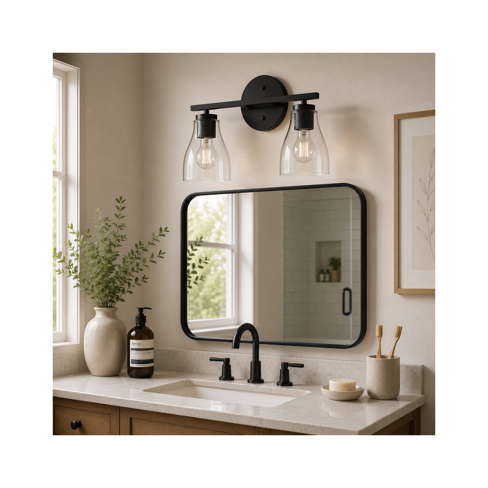 Modern Clear Glass Shade Vanity Wall Light With Steel Frame, Matte Black, 2 Lights, 10" H x 15" W x 6.5" D