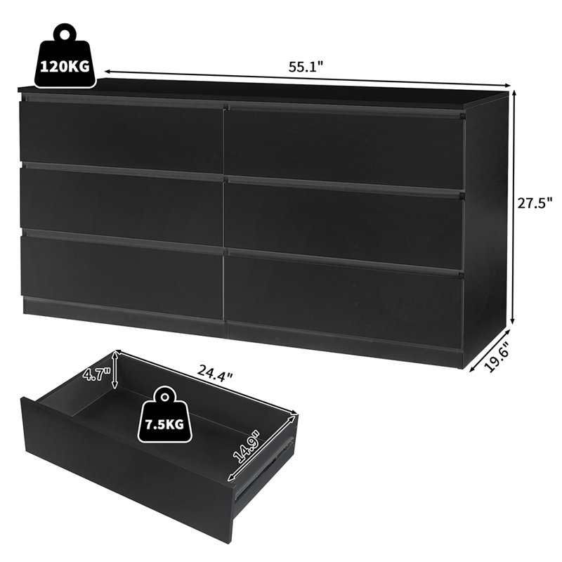 6 Drawer Double Dresser For Bedroom, Black