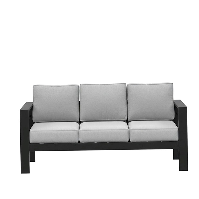 Canapé de patio 75 po 3 places toutes saisons en métal avec coussins épais gris clair et structure noire