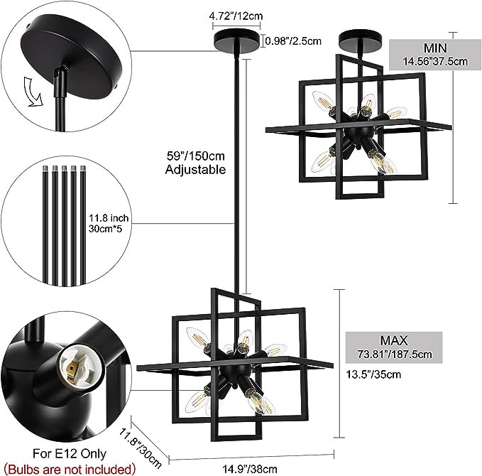 8 - Light Dimmable Square / Rectangle Chandelier, Black
