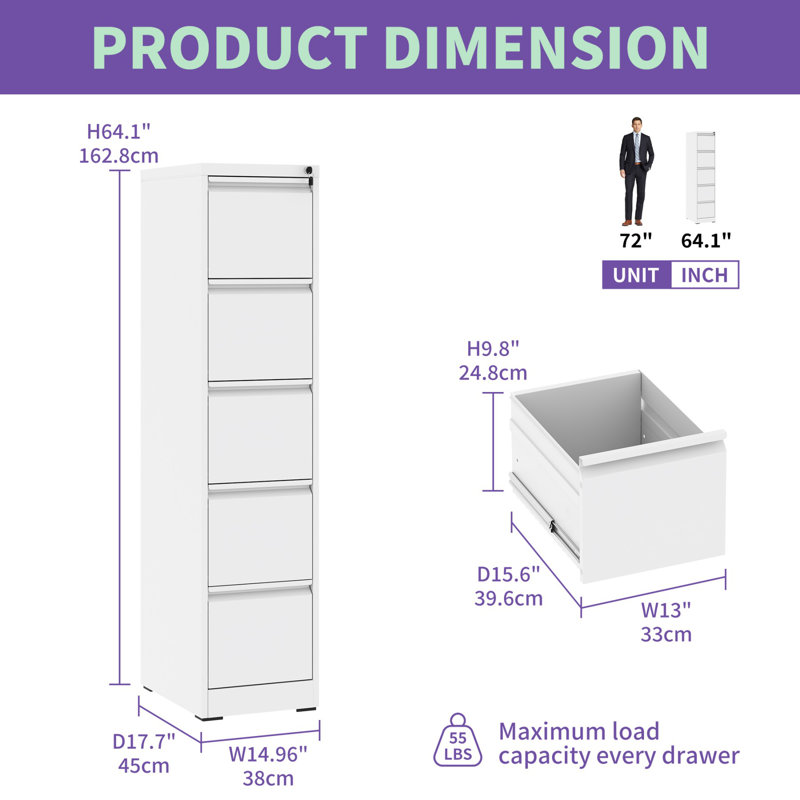 White Vertical 5-Drawer Lockable Metal Filing Cabinet