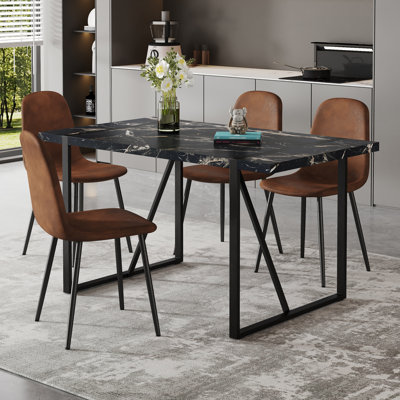 5-Piece Dining Table Set, 55" Rectangular Marble Print Kitchen Table with 4 Brown Upholstered Chairs, Modern Metal Leg Dining Set for 4