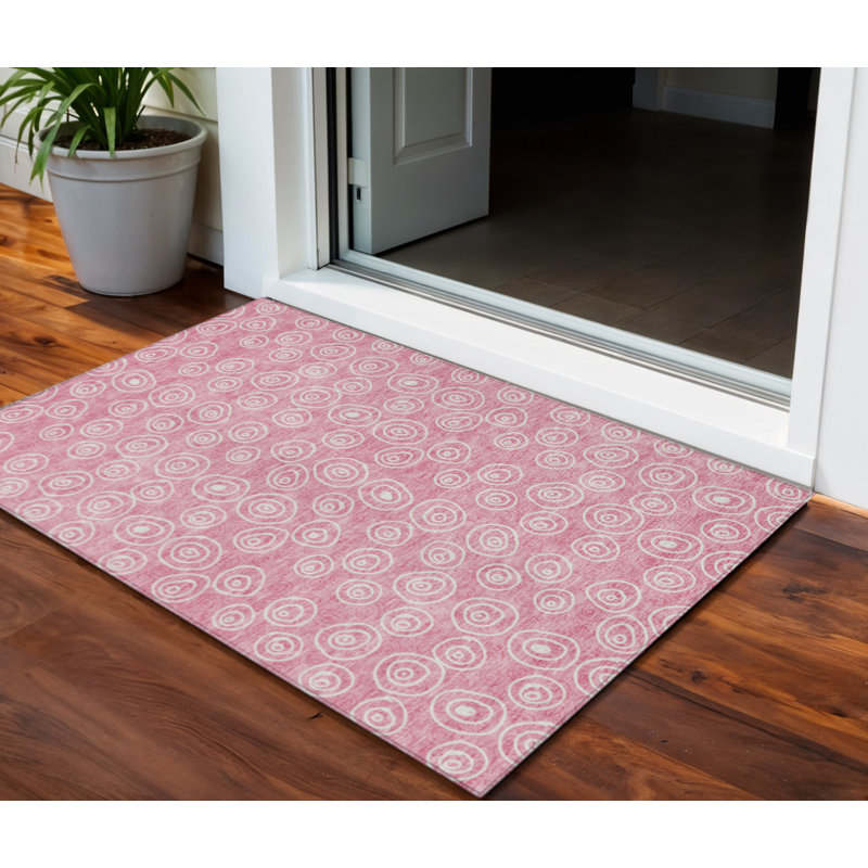 3' X 5' Pink And Ivory Geometric Washable Indoor Outdoor Area Rug