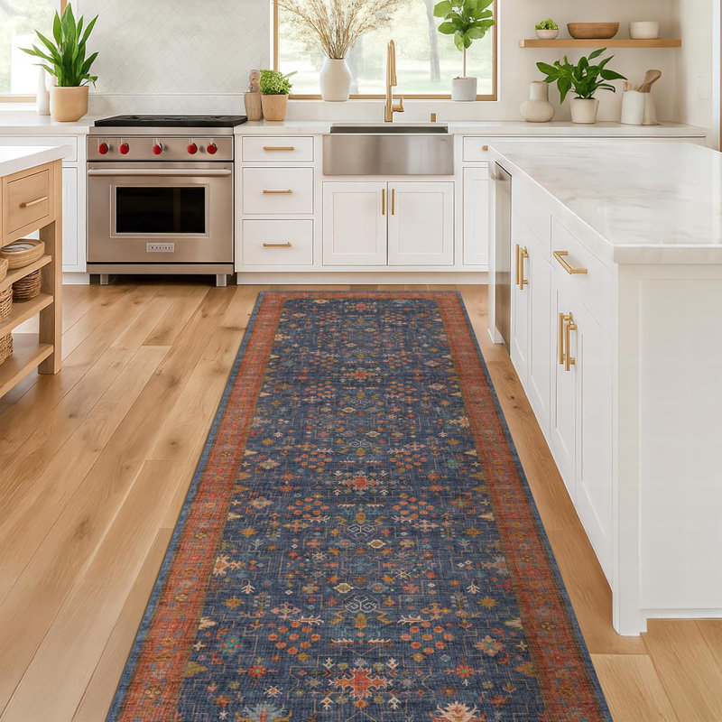Tapis de cuisine lavables antidérapants, Bleu / Terre cuite, Tapis de couloir 2 pi x 5 pi