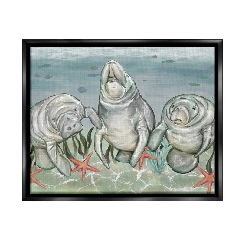 «Underwater Manatees & Starfish Floater Frame» par Ziwei Li sur toile, H 25 po x l 31 po, Cadre flottant noir de jais