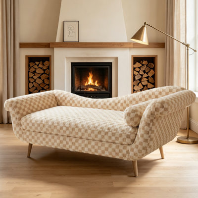 Mid-Century Modern 69" Chaise Lounge with Scroll Arms and Bolster Pillow, Flaring Tapered Solid Wood Legs for Living Room & Bedroom