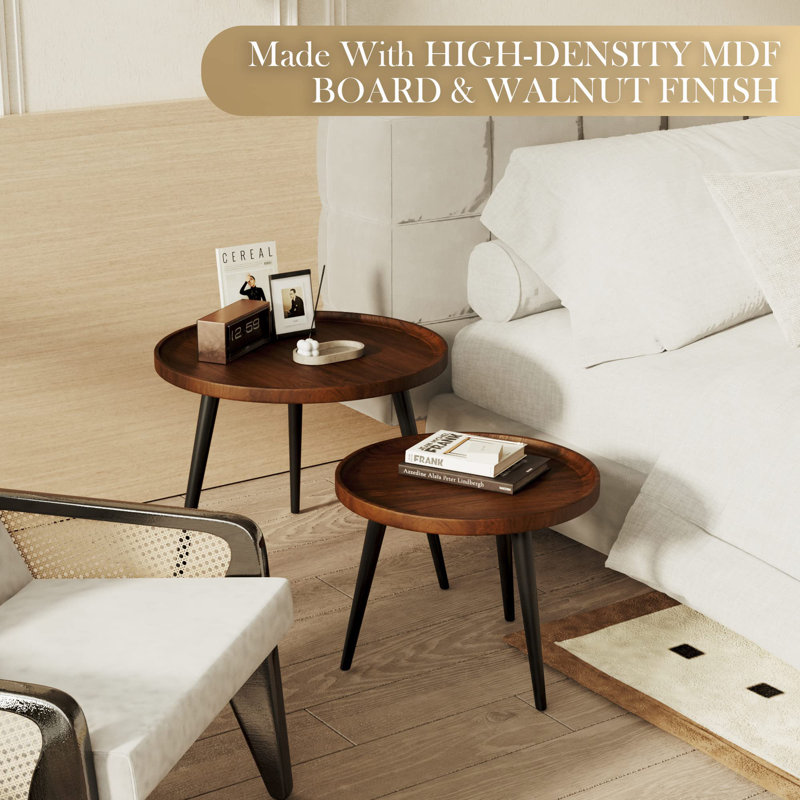 2-Piece Modern Round Coffee Table Set For Living Room,Easy Assembly Nesting Coffee Tables,Walnut Colour Circle End Side Tables For Bedroom Office Balcony Yard