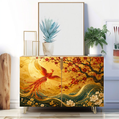 Buffet étroit de 35,4 po de largeur - armoire de rangement décorative à 2 portes avec des fleurs de cerisier dorées, impression de style artistique oriental et pieds en métal
