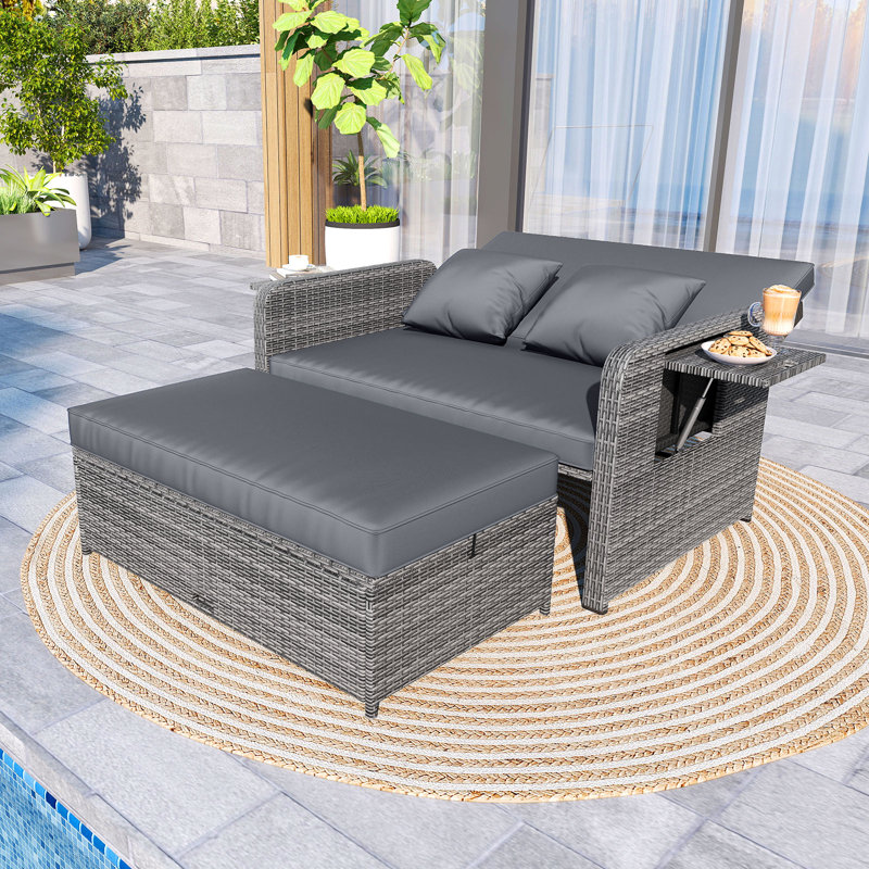 Boden 65" W Wicker Patio Daybed with Ottoman and Side Trays, Gray