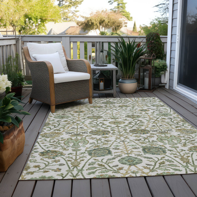 Ivory and Green Floral Synthetic Washable Rug, 3' x 5'