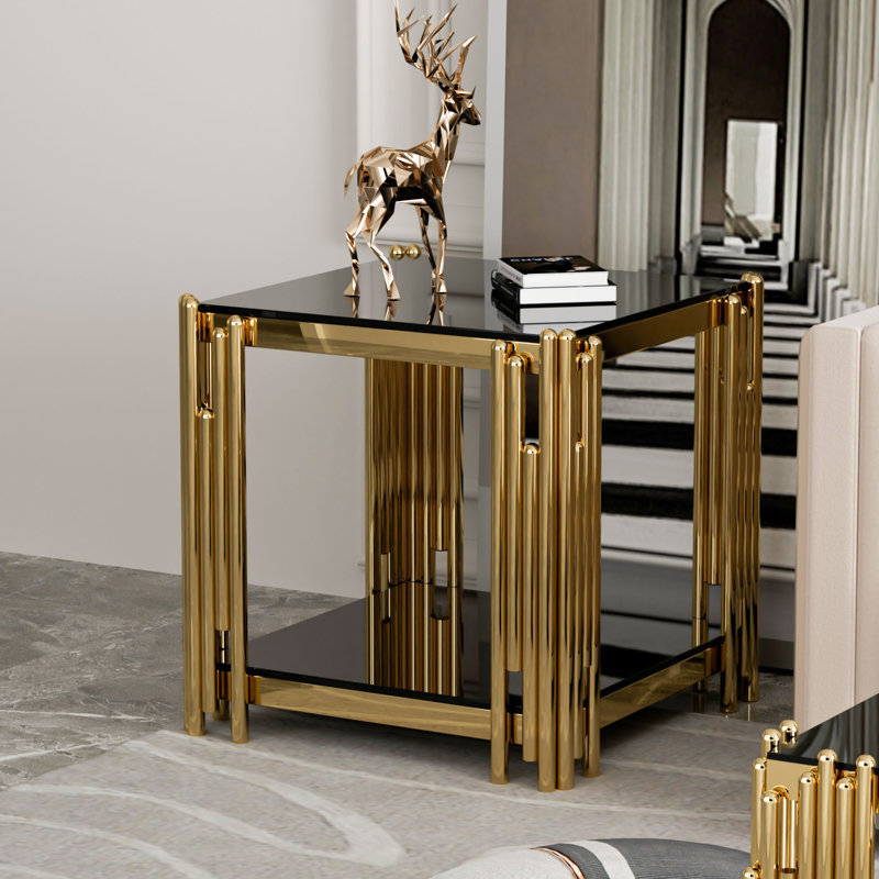 Woker Furniture 20" Wide Square End Table With Glass Top Stainless Steel Tempered Glass End Table For Living Room&Bed Room