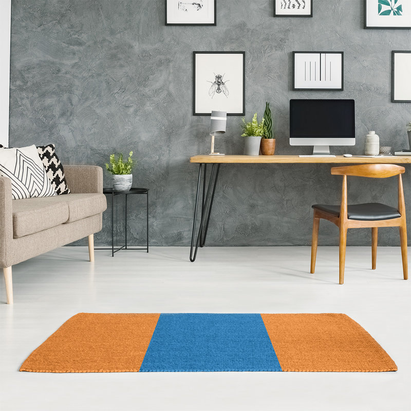 Tapis orange/bleu rayé, Rectangle 5 pi x 7 pi