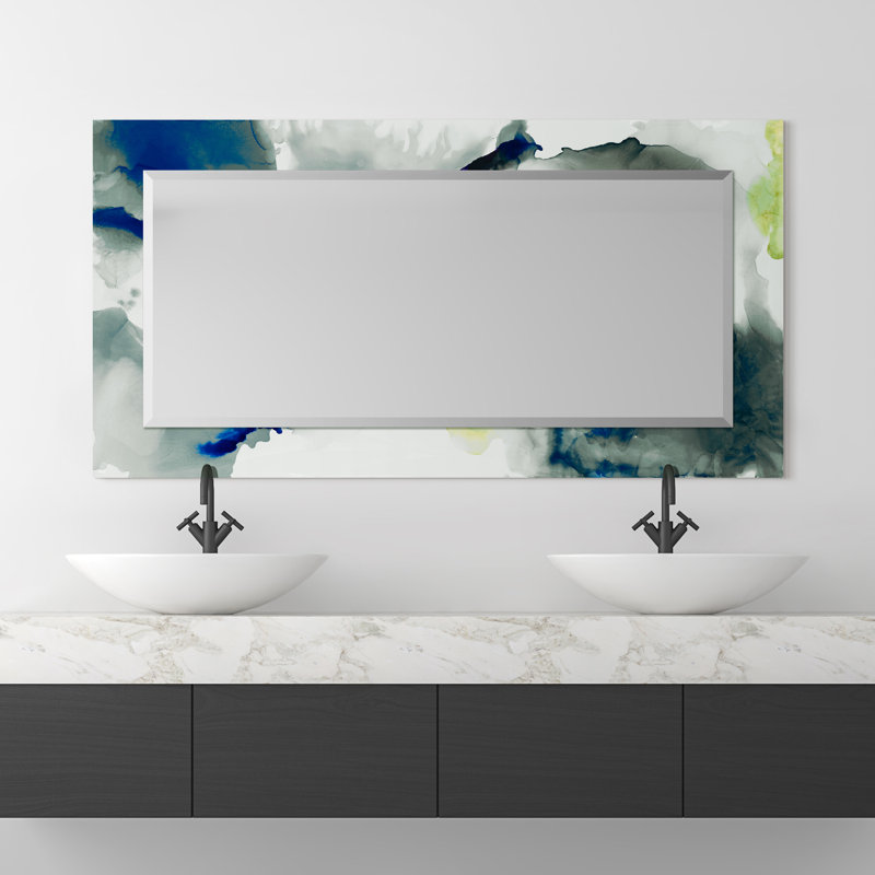 "Part The Skies I"Rectangular Beveled Mirror on Free Floating Reverse Printed Tempered Art Glass, 54" x 28"