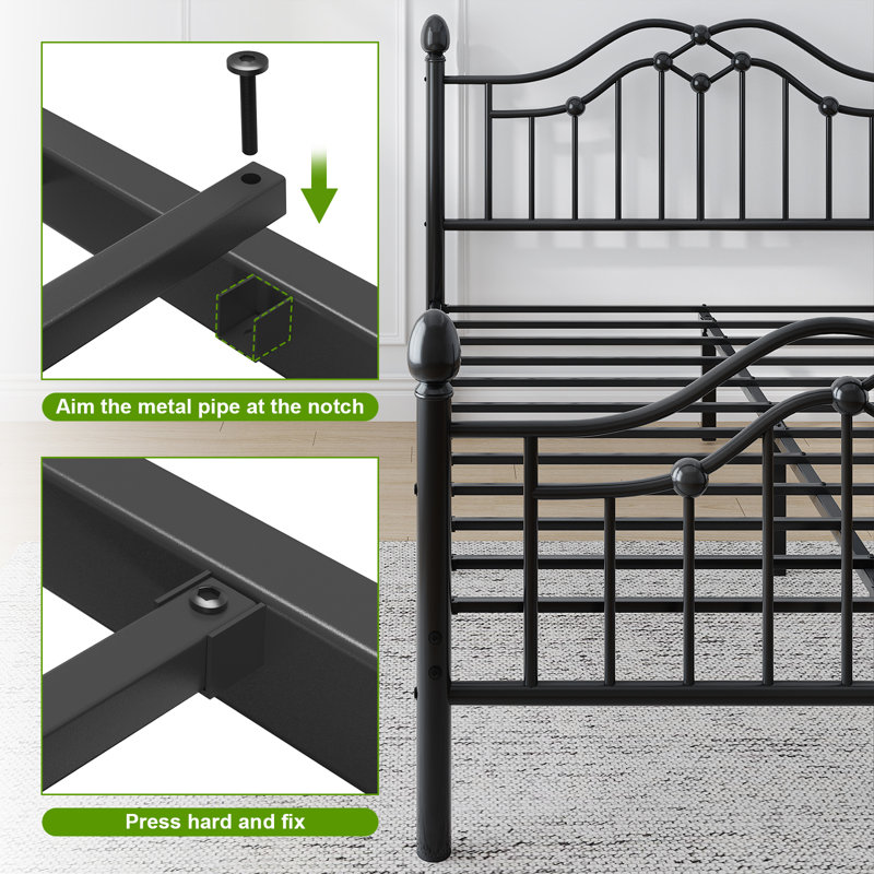 Metal Platform Bed with Victorian Style Headboard and Footboard，Sturdy Steel Slat Support, Underbed Storage, Black, Queen