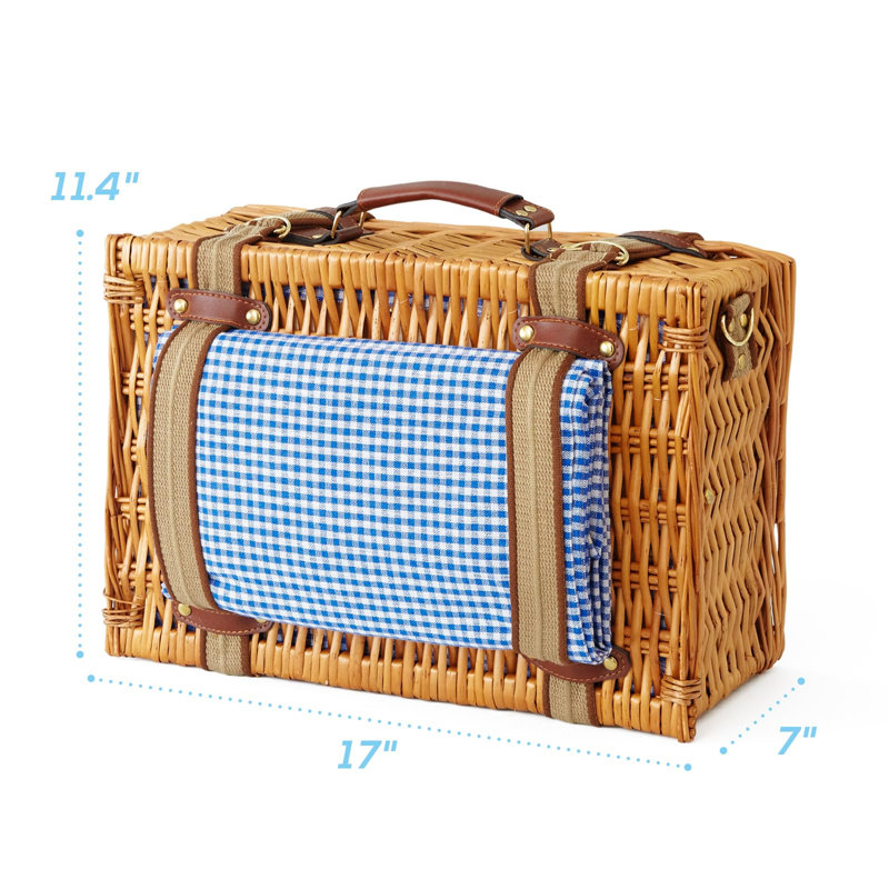 Wicker Picnic Basket Set For 2 With Cooler Compartment And Waterproof Picnic Blanket, Removable Carrying Straps, Cutlery Set