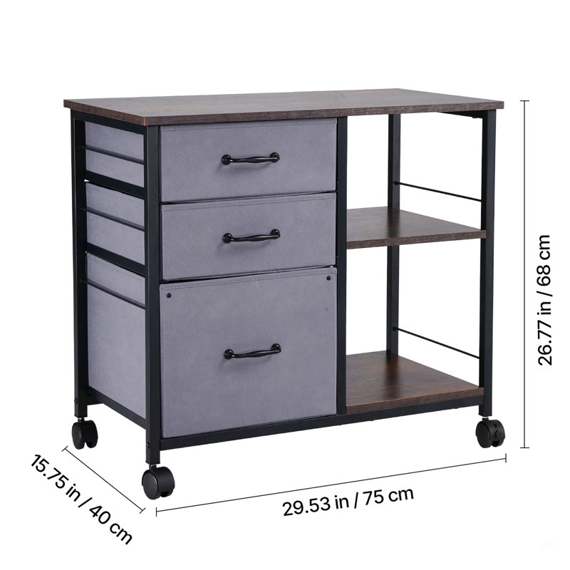 Classeur mobile en métal avec 3 tiroirs en tissu et 2 tablettes ouvertes brunes