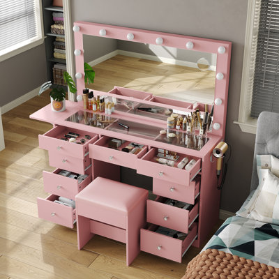 Makeup Vanity with Mirror and Lights, 3 Lighting Modes,Vanity Desk with Power Outlet ,9 Drawers Makeup Table with Chair, Glass Top vanity set