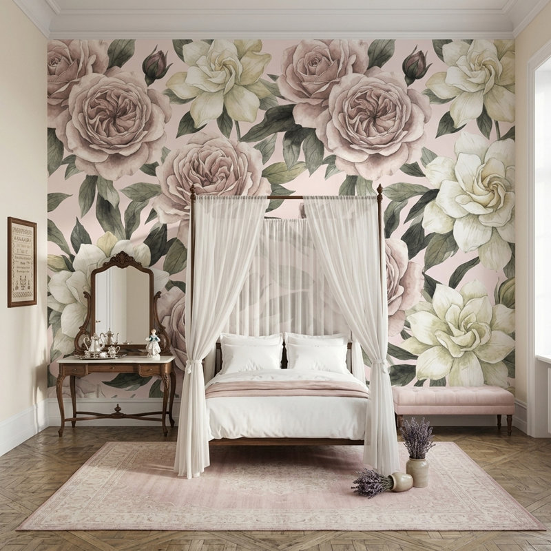 Papier peint à motif floral beige, L 75,96 po x l 114 po