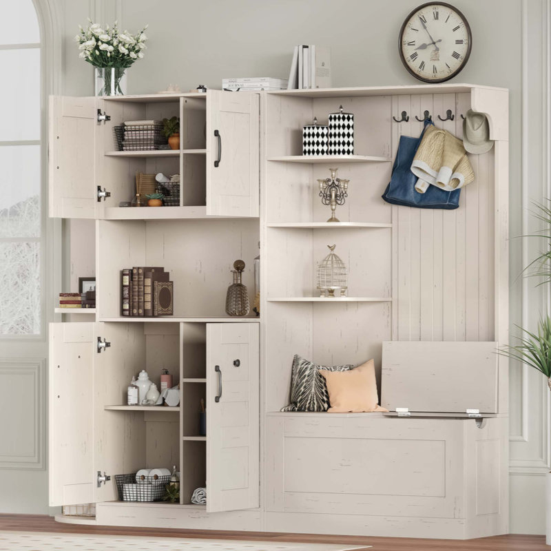 Armoire de vestibule multifonctionnelle gauche-droite (peut être utilisée séparément) avec rangement et 4 crochets, armoire de rangement / arbre d'entrée 2 en 1 pour le salon, la cuisine et le couloir