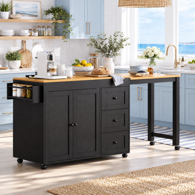 Îlot de cuisine mobile avec table à manger extensible, rangements, prise électrique, tiroirs et roulettes verrouillables