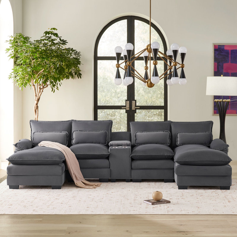Canapé modulaire Akeela, Velours gris, H 33,40 po x l 123 po x P 55 po
