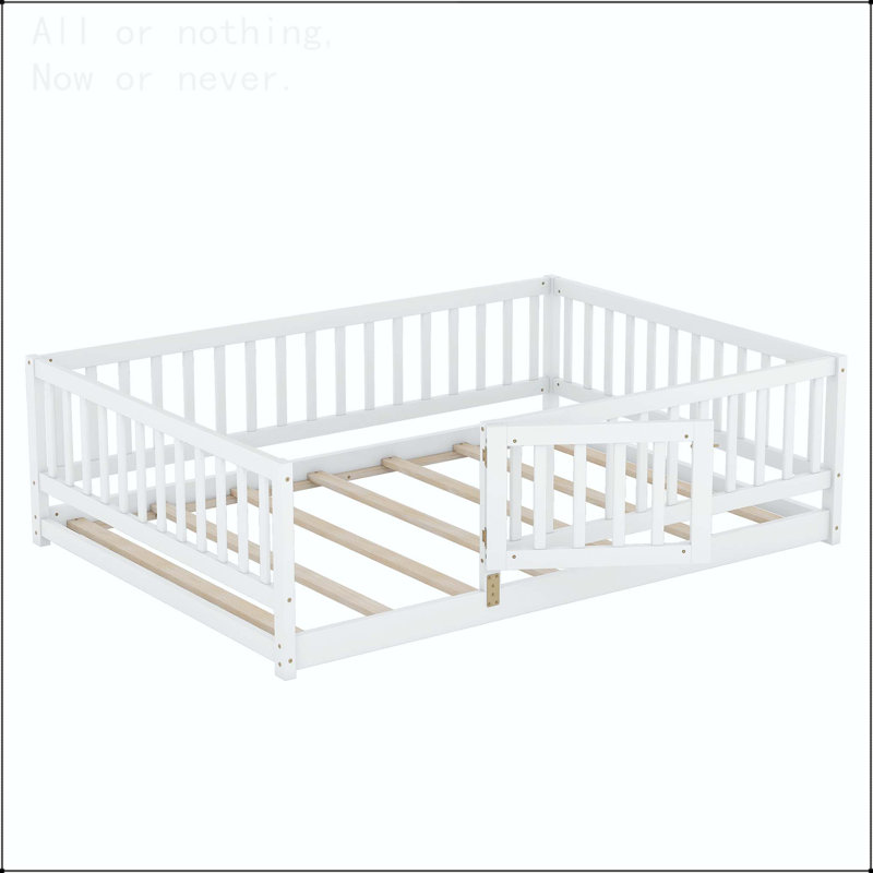 Lit double sur pied Montessori avec clôture, porte et lattes, Lit double, Blanc