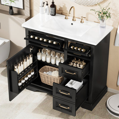 36" Bathroom Vanity With Sink, Ceramic Sink, 2 Tip-Out Drawers, Soft Close Door Hinges, Black