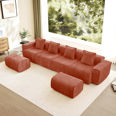 Modular 4 Seat U Shape Sectional Boneless Sofa With French Edge Piping, No Assembly Required,4-Seat Sofa Couch With Throw Pillows And 2 Movable Ottomans
