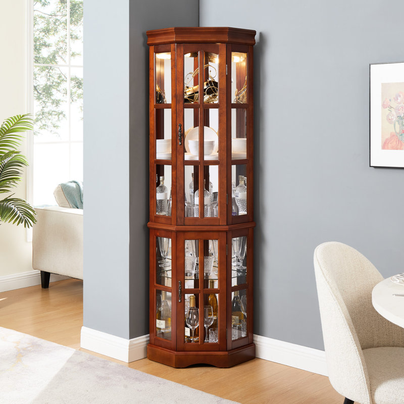 Vitrine de coin en noyer, avec 5 tablettes et luminaire noyer Energy, Noyer