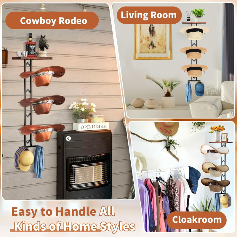 Cowboy Hat Rack For Wall, Hat Organizer For Baseball Caps, 3 Pieces Western Hats Hangers Holder With 2 Hooks, Rustic Wood Display Stand With Storage For Fedora,Sun Hats