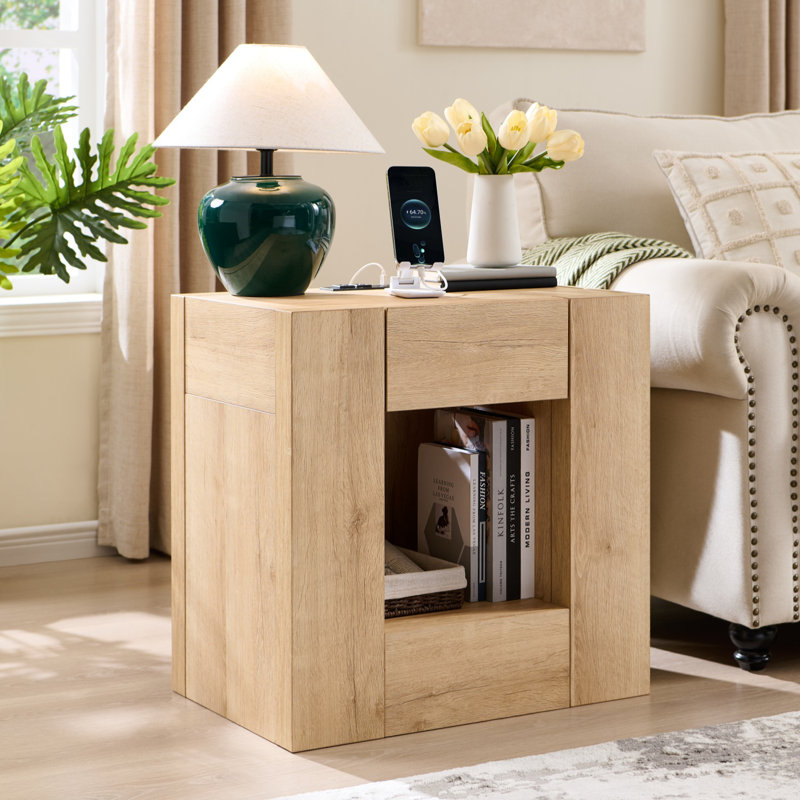 Table de chevet moderne avec station de charge, grande table de chevet de 24 po avec tiroirs et tablette ouverte