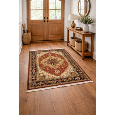 Tapis oriental rouge / crème / jaune en laine noué à la main 3 pi 10 po x 6 pi Gallipolis