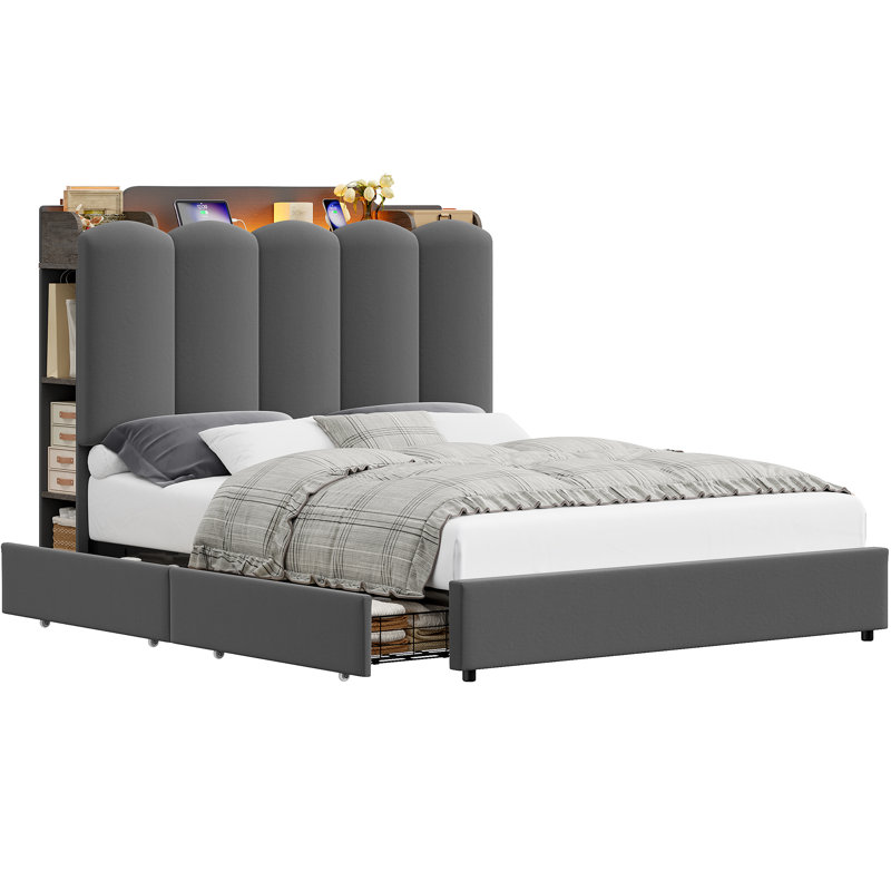 Structure de lit tapissier avec éclairage DEL, ports USB, casiers latéraux et 2 tiroirs de rangement sous le lit, lit plateforme gris moderne
