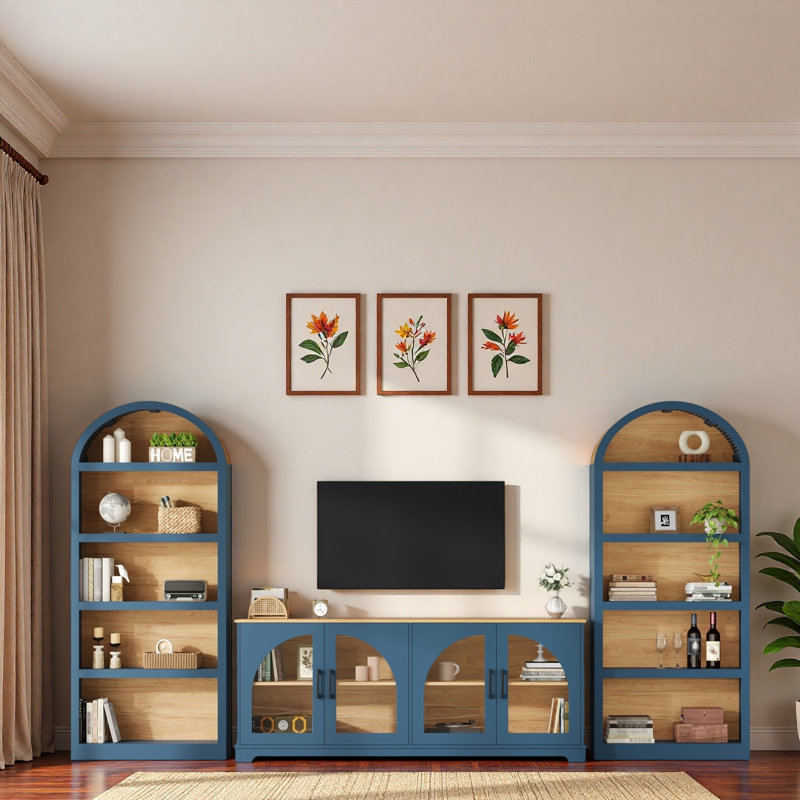 Meuble télé et bibliothèque 3 pièces rétro avec design arqué et grand espace de rangement, Bleu