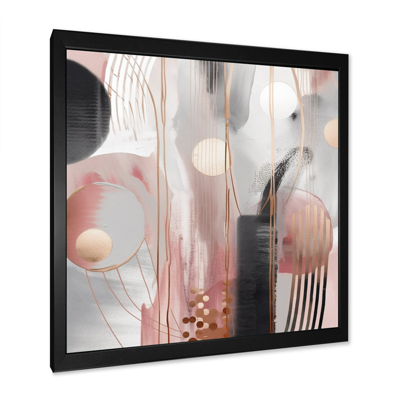 Décoration murale transitionnelle rose à motif de cercles dorés complexes II, Cadre photo noir, L 16 po x H 16 po