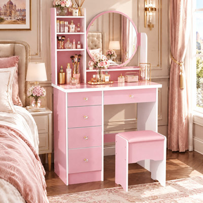 31.5" W Makeup Vanity Set with Round Mirror, 5 Drawers, Storage Shelves and Upholstered Stool