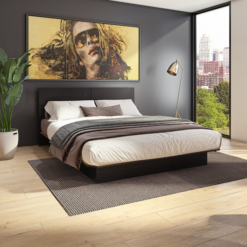  ZEN ALPHA - Lit plateforme avec tête de lit - Assemblage facile, aucun sommier requis, Grand lit, Black