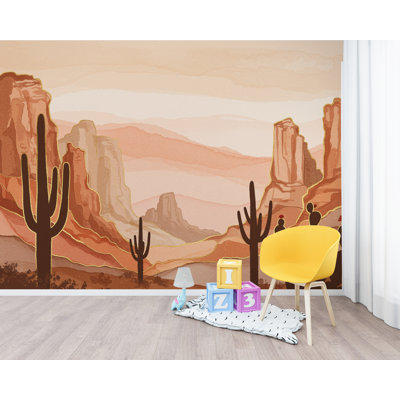 Murale de désert cactus du désert - aquarelle terre cuite et grès, silhouettes de cactus aux bords dorés, art mural naturel spectaculaire (non tissé) 