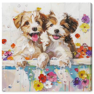 Colorful Flower Puppy Bath Canvas Kids Art Prints by Art Remedy