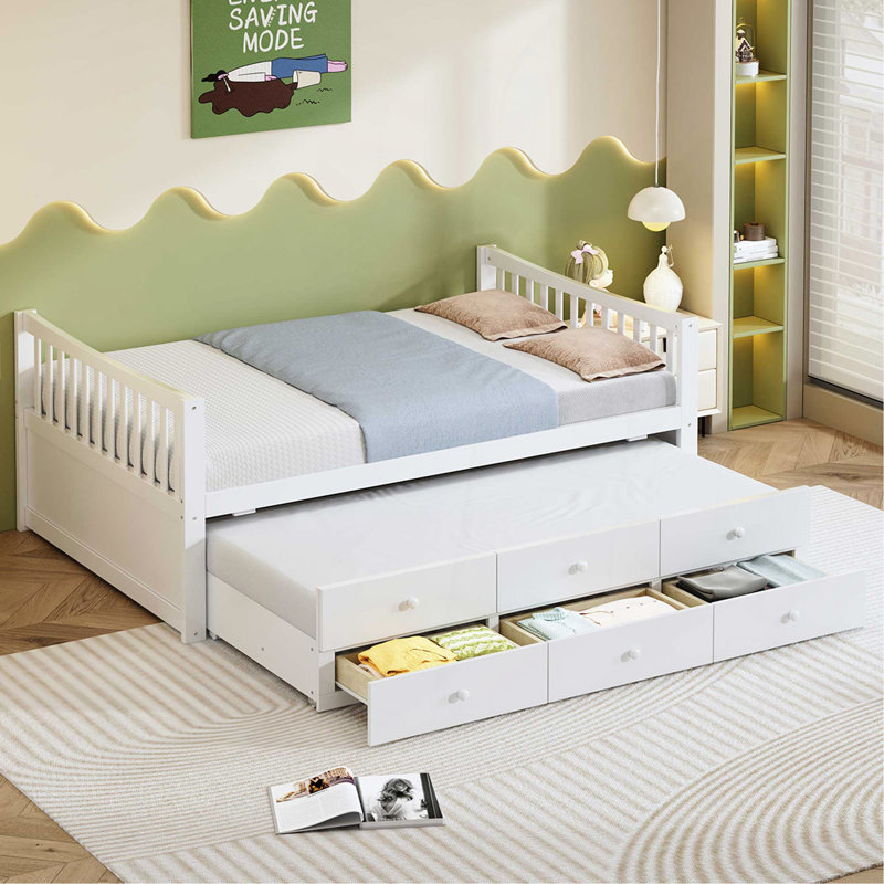 Lit de jour double avec lit gigogne simple et tiroirs, lit double, Blanc