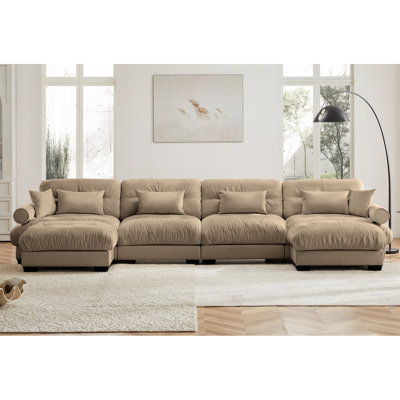 Modern Sofau Shaped Sectional Sofa Cloud Couch With Movable Ottomans,Convertible Deep 4 Seater  Velvet Comfy Upholstered Corner Couch With Blostered Armrests, Waist Pillow And Throw Pillows,Camel
