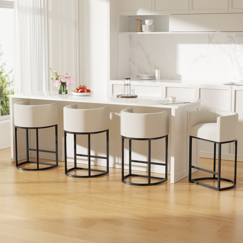 Stylish Barrel-Back Bar Stool with Cushioned Seat and Black Metal Frame (Set of 6), 4, Beige