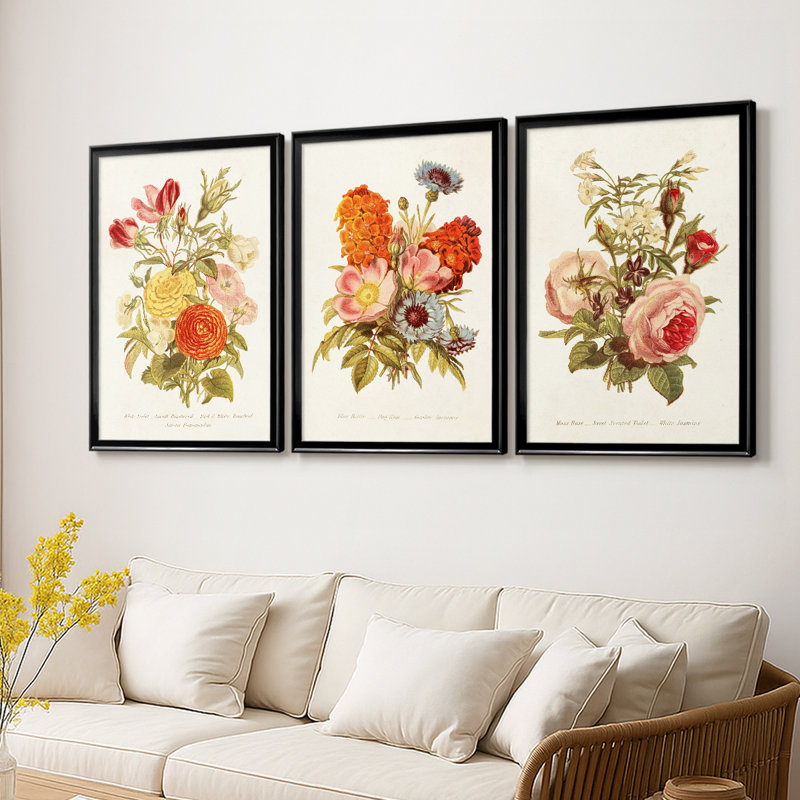 Antique Floral Bouquet I - Toile tendue avec châssis sur mesure - 3 pièces, H 21 po x l 30 po, Noir