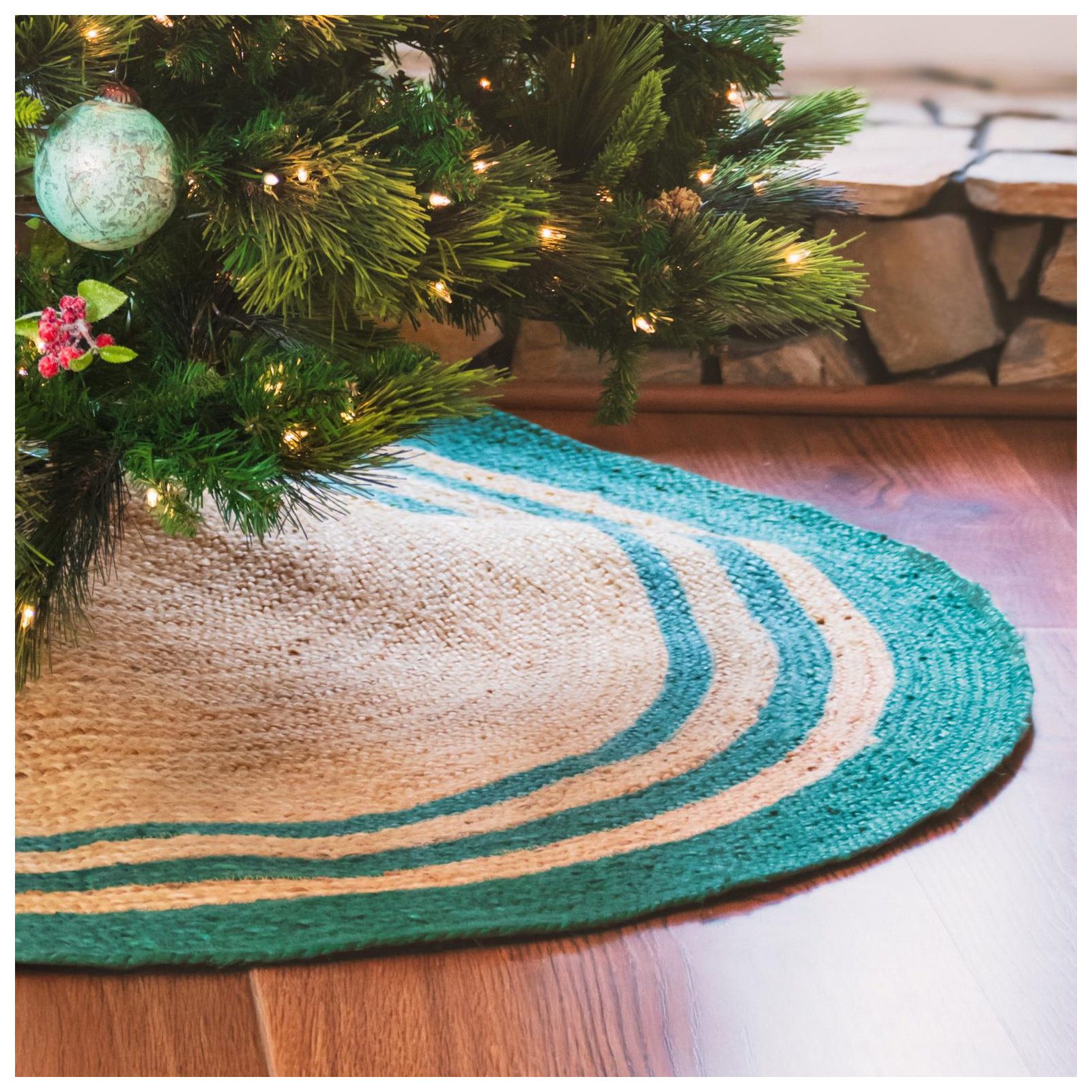 Burlap Tree Skirt, Round 2'2", Beige/Green