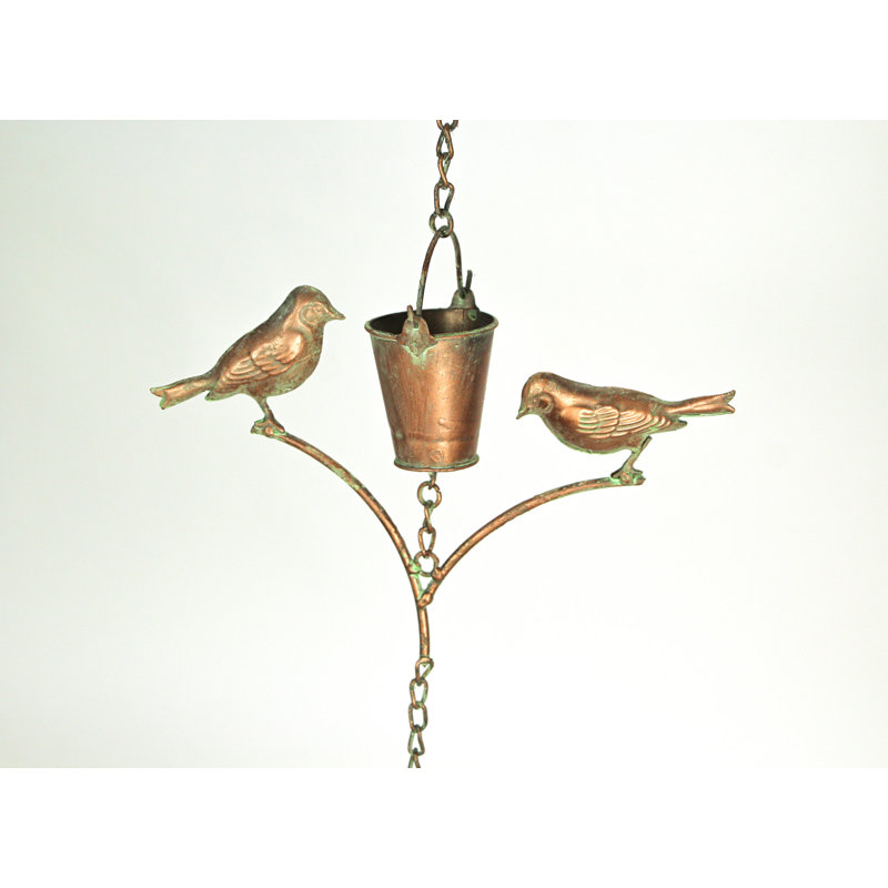 Chaîne de pluie décorative pour jardin extérieur, en métal cuivré rustique vieilli, représentant un oiseau et un seau ; hauteur : 198 cm (78 po).