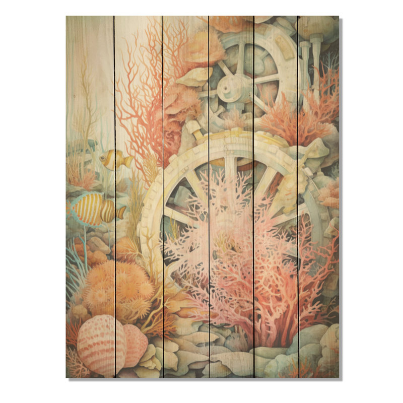 «Coral Pirate Wheel Memory I» - art mural bois de corail sous l'eau sur bois de pin naturel, H 32 po x l 24 po