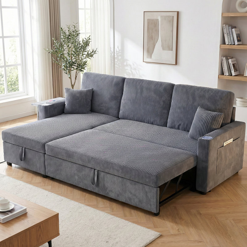 83.5" Wide Corduroy Reversible Sleeper Sectional with Storage Chaise & USB Ports, Gray