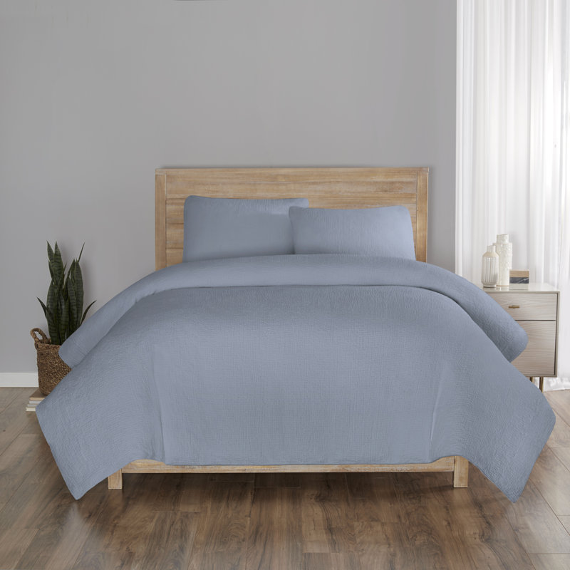 Vue Elements Larking Solid Seersucker 3 Piece 100% Cotton Duvet Set , Full/Double 1 Duvet cover + 2 pillow shams, Blue
