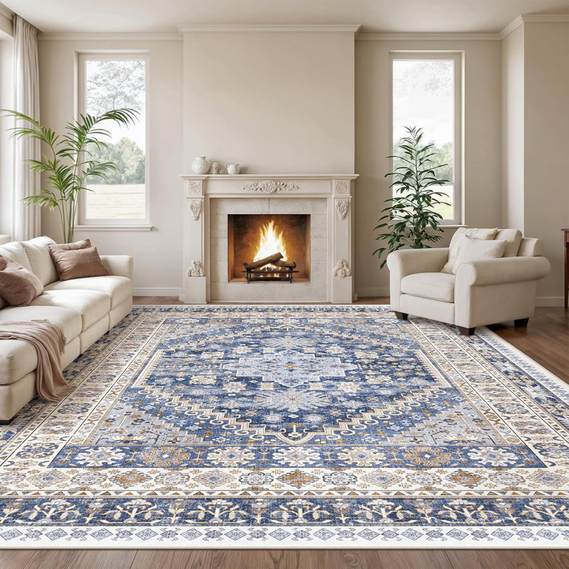 Medallion Non Slip Washable Area Rug(Blue), Rectangle 9' x 12'