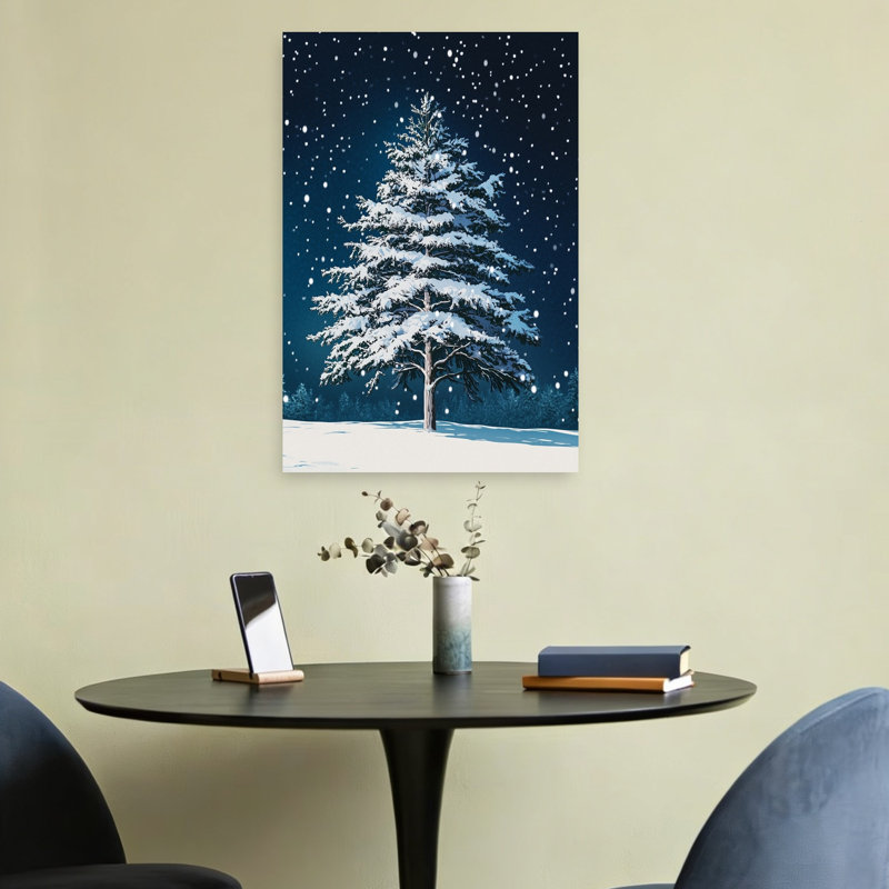 Snowy Winter Night Peaceful Serene Tranquil Christmas Tree Pine Tree Forest Landscape Wall Art Print 1 Piece Wrapped Canvas Wall Art